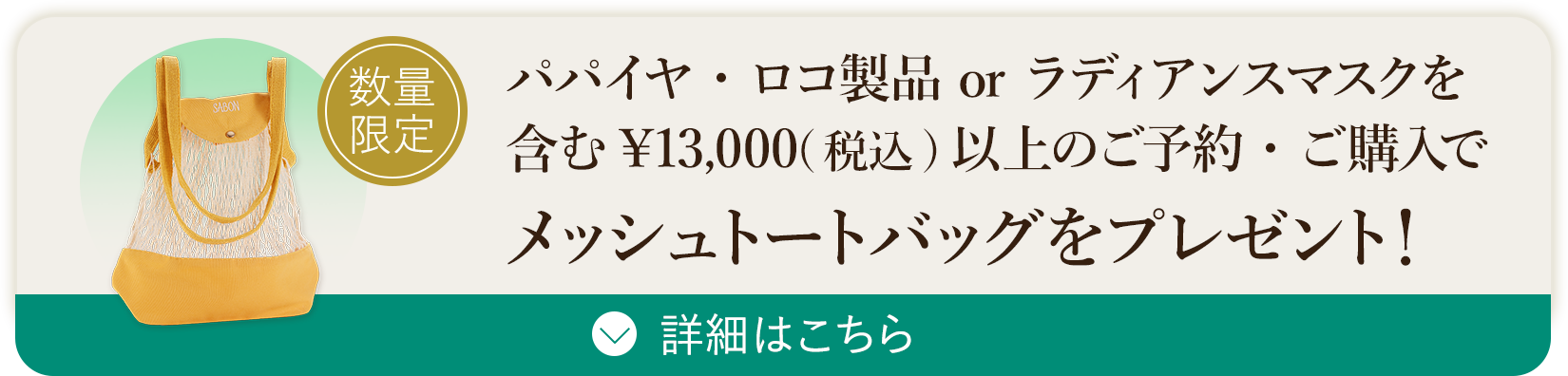 パパイヤ・ロコ製品 or ラディアンスマスクを含む¥13,000(税込)以上のご予約・ご購入でメッシュトートバッグをプレゼント！ 数量限定