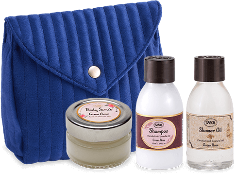 シャワーオイル グリーン・ ローズ(50mL)、ボディスクラブ グリーン・ローズ(60g)、シルキーボディミルク グリーン・ローズ(50mL)、ベルベットポーチ