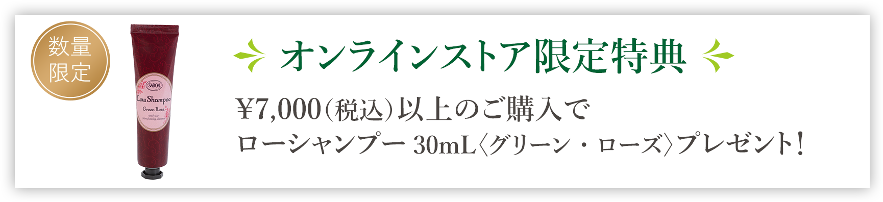オンラインストア限定 選べる特典 今ならローシャンプー30mL〈グリーン・ローズ〉プレゼント！ 数量限定