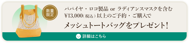 パパイヤ・ロコ製品 or ラディアンスマスクを含む¥13,000(税込)以上のご予約・ご購入でメッシュトートバッグをプレゼント! 数量限定